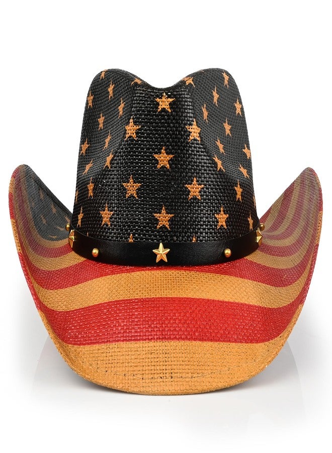 Foeran USA Flag Cowboy Hats for Men's Women's,Cowgirl Hats Western Straw American Flag Hat Beige - Image 3